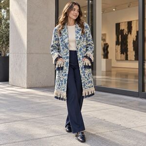 Athina Blue Floral Jacquard Fringe Coat Statement Jacket Women's Small NWT